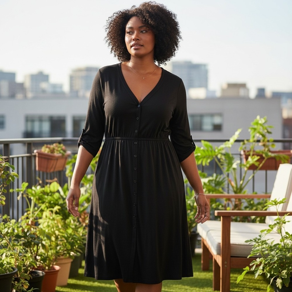 TORRID Shirt Dress Sz 2/18 Black Button Front Jersey Elastic Waist Midi Casual